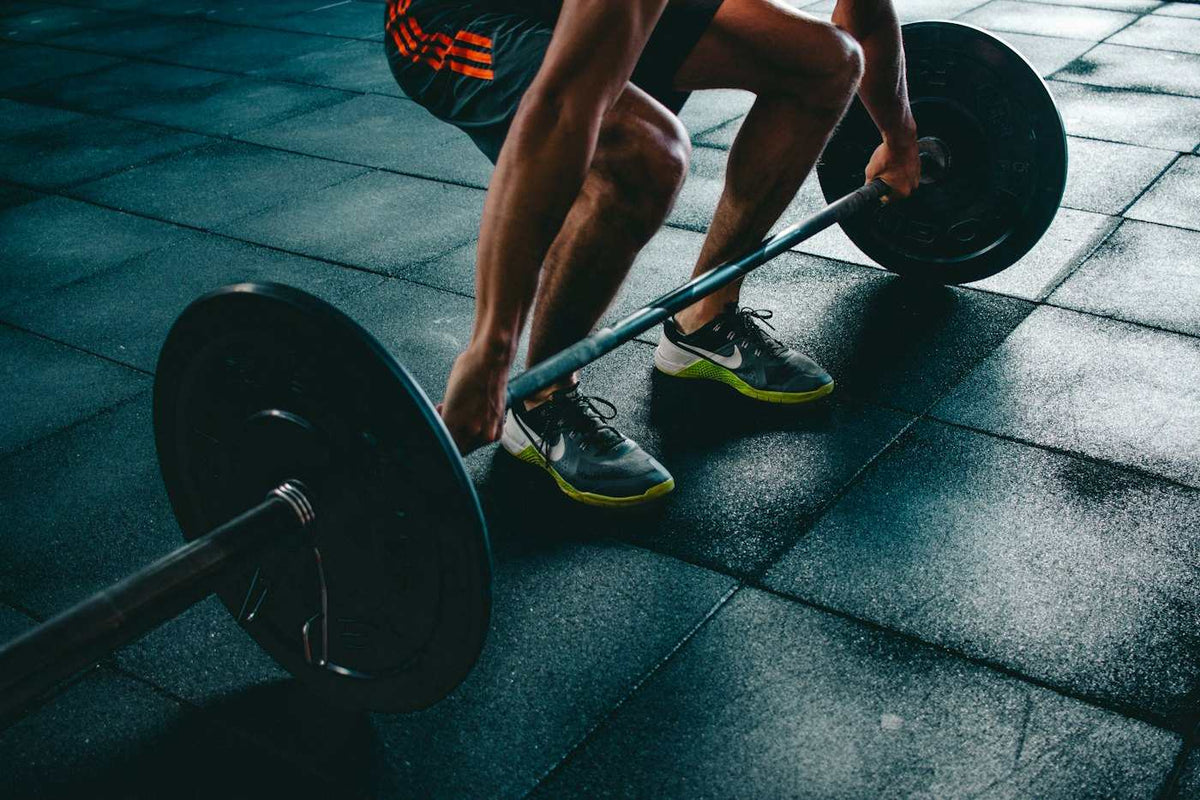 Sporter pakt een barbell met halterschijven op de vloer van de gym