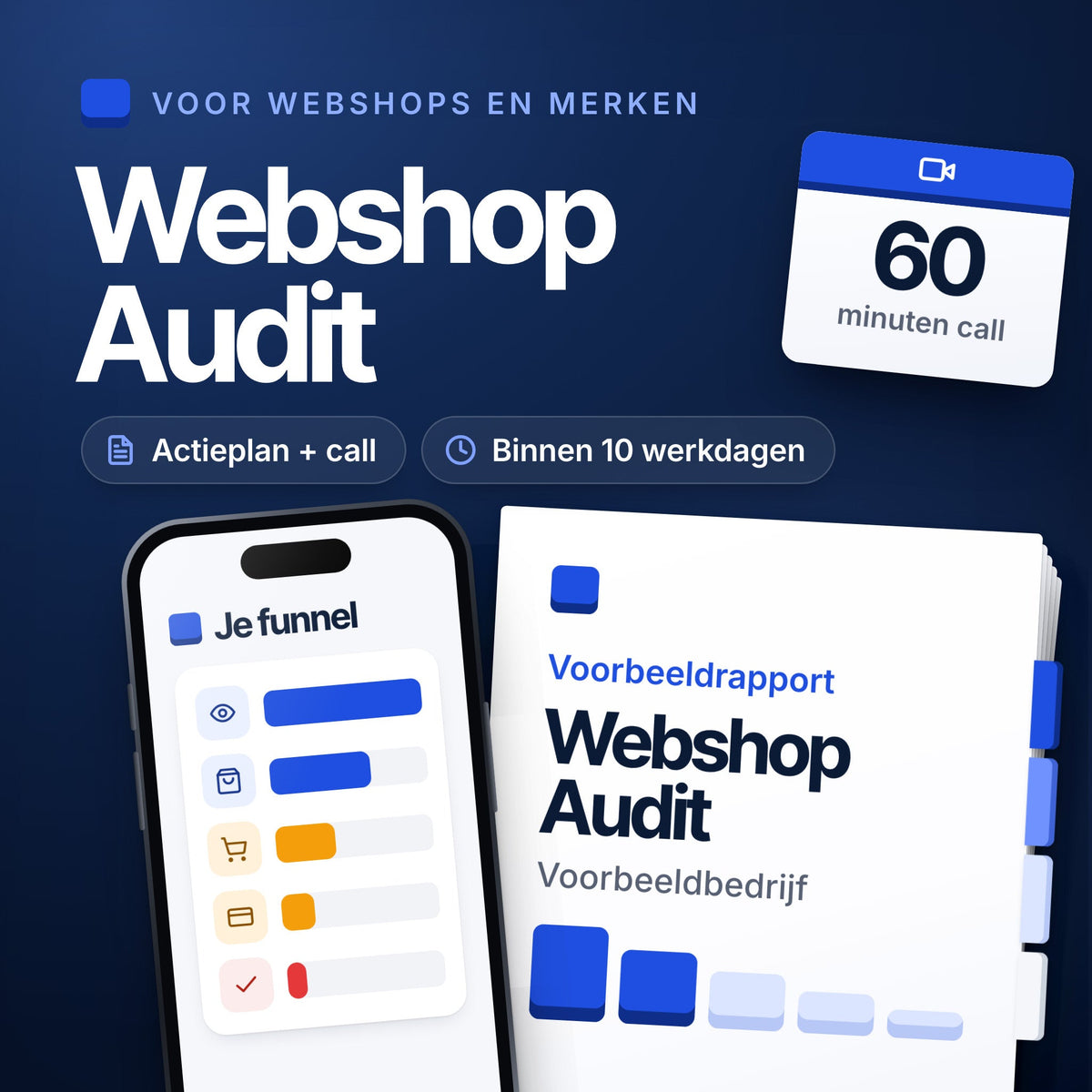 Webshop Audit: dik voorbeeldrapport met tabbladen en een telefoon met de funnel van een webshop