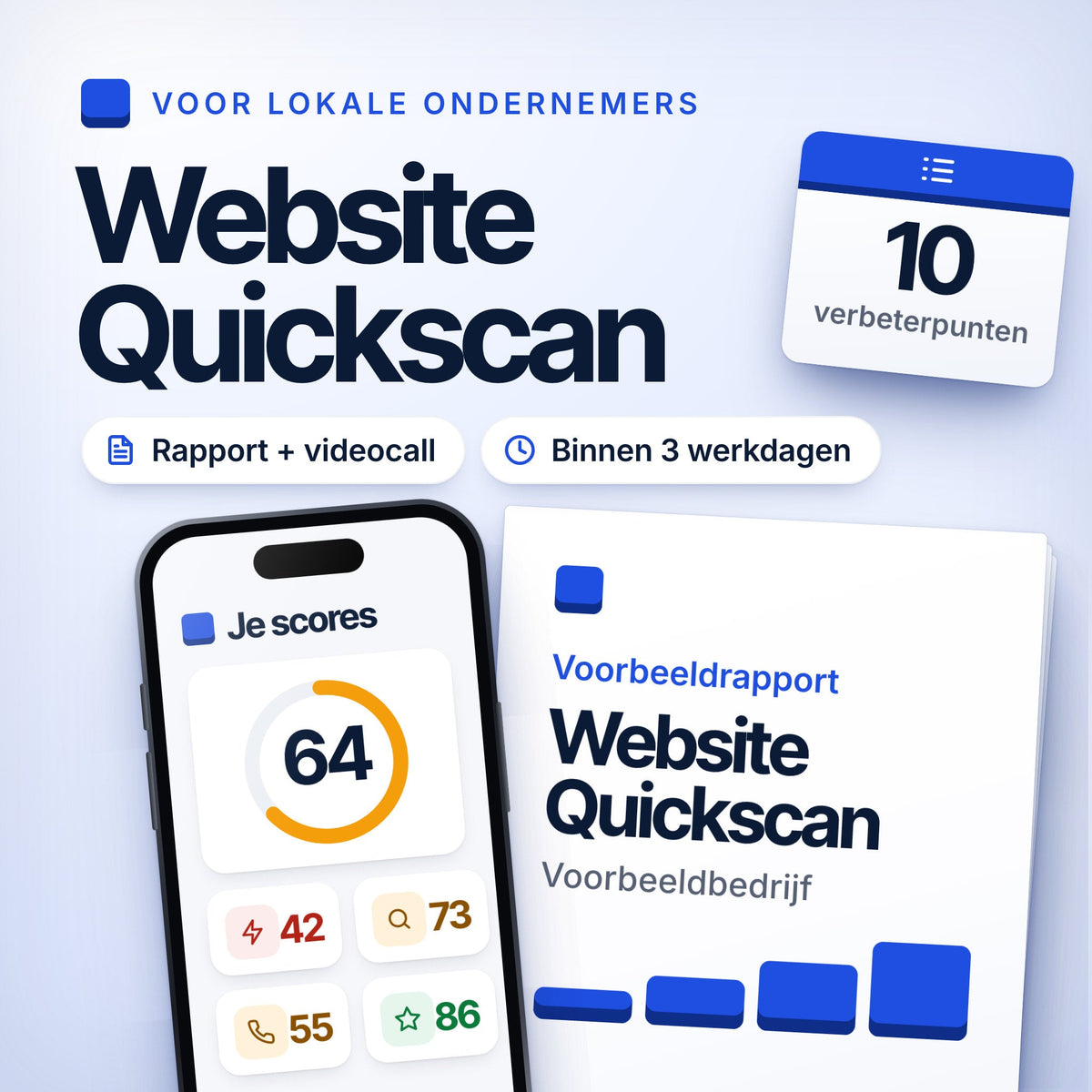 Website Quickscan: voorbeeldrapport en een telefoon met scores voor snelheid, Google, conversie en vertrouwen