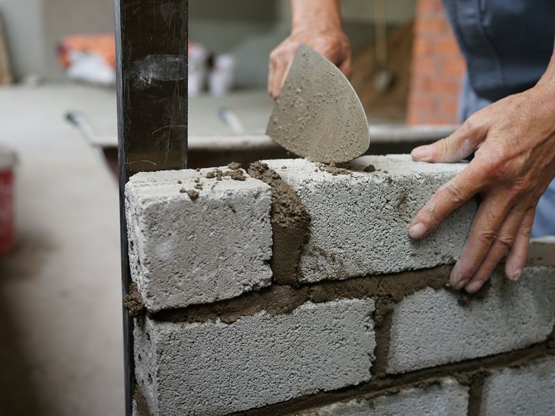 Metselaar legt een betonblok met specie en een troffel