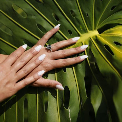 Handen met witte nagels op een groot monsterablad