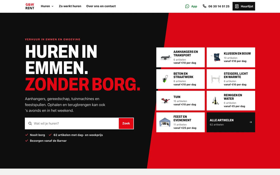 De homepage van G&W Rent op een laptop
